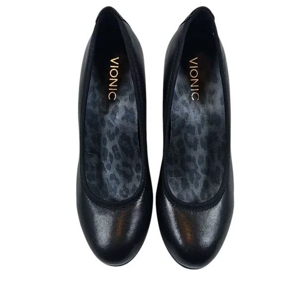 Vionic Mabrey Round Toe‎ Block Heel Pumps Comfortable Leather Shoes Black 7 New - Picture 2 of 7